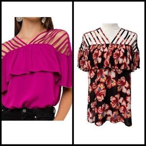 Entro Strappy Floral Ruffle Top Hibiscus Tropical Hawaiian Black & Pink